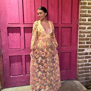 For Love And Lemons Flora and Yellow Long bodysuit Sundress